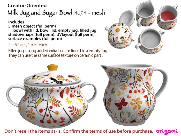 Second Life Marketplace origami* Milk Jug and Sugar Bowl 140714 Mesh