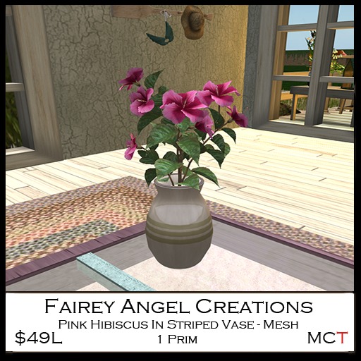 FAC Pink HIbiscus In Striped Vase Crated