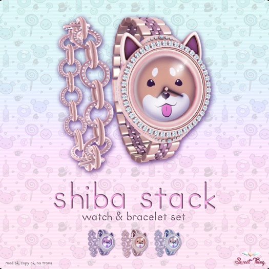 RETIRED: Pink Shiba Stack Watch & Bracelet Set by Sweet Thing.
