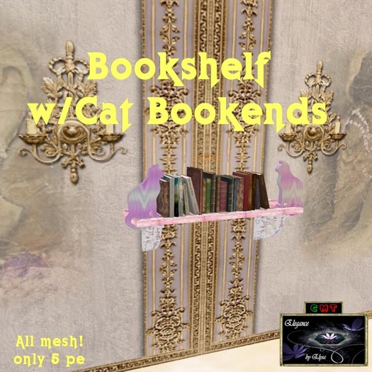 Second Life Marketplace *EbE* Bookshelf wCat Bookends (pink floral)