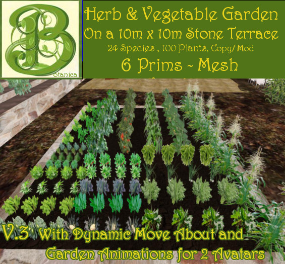 Instant Herb & Vegetable Garden. 6 Prims-Mesh, 100 Plants v3 w  Dynamic Move About and Garden Animations 