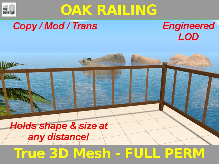 FULL PERM Dark & Medium Oak Grain Colors Railing Set. Mesh w/ Engineered LOD.