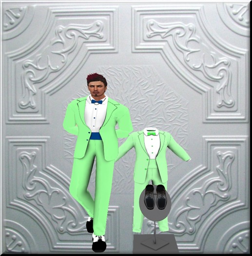 Pale Green&White Tuxedo with Blue/Pale Green waist band & shoes