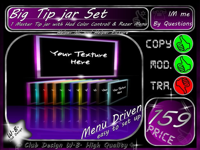 * MENU DRIVEN* Big * Club Tip jar Set * ** Color Hud Include **