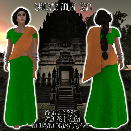 HANAU - Delicate Flower Sari Green Orange -boxed-