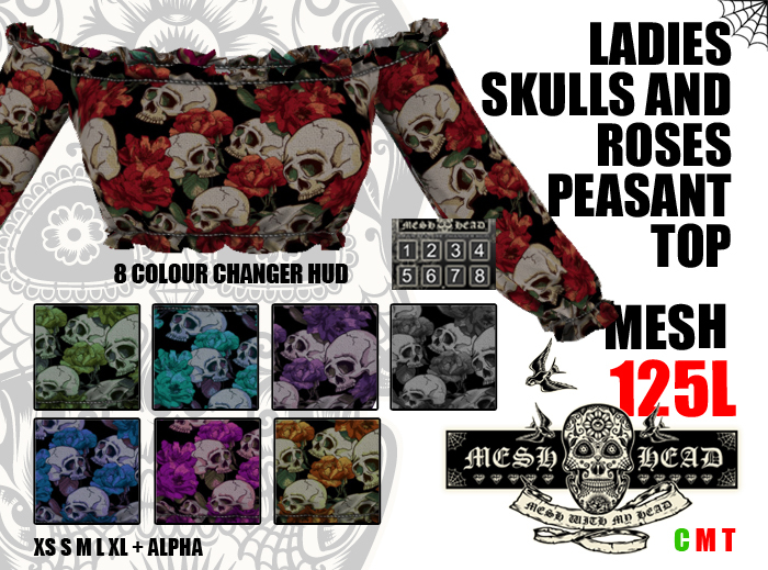 Mesh Head - Skulls & Roses Peasant Top - All Sizes