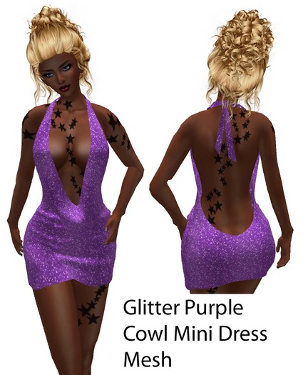 Glitter Purple Cowl Mini Dress Mesh
