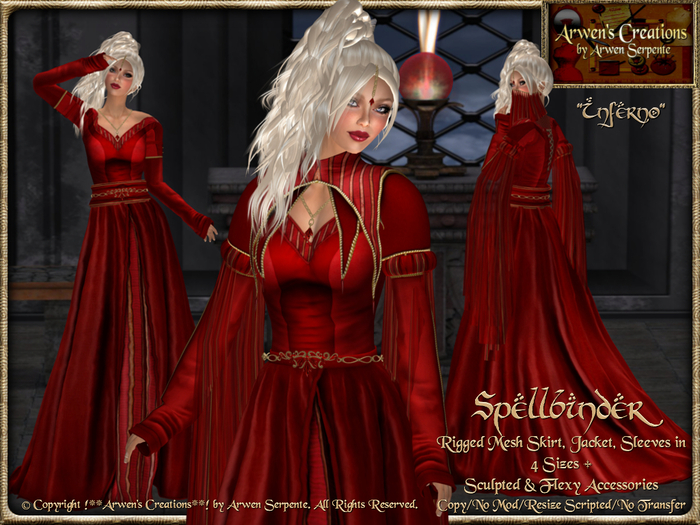 {AS} Spellbinder: Inferno Red Rigged Mesh Skirt, Jacket, Sleeves, Omega appliers, fantasy role play