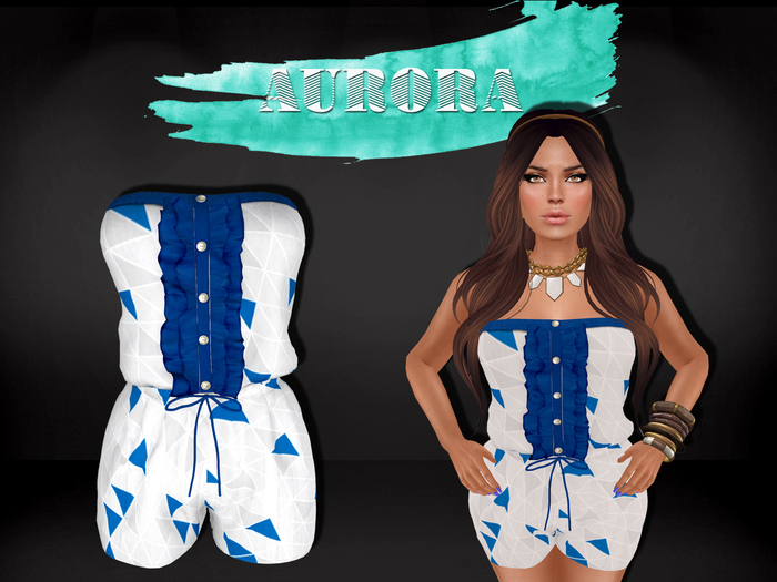 AURORA - Mesh Strapless Ruffled Romper - Geometric Blueberry