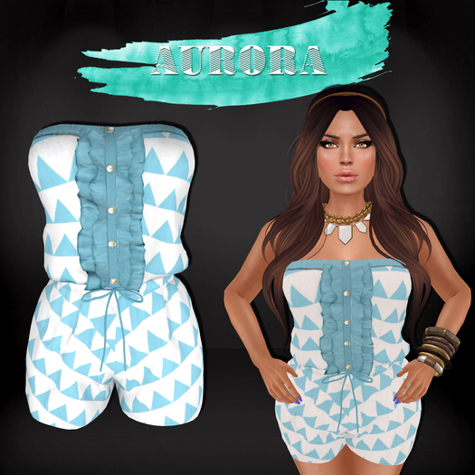 AURORA - Strapless Ruffled Romper - Geometric Sky
