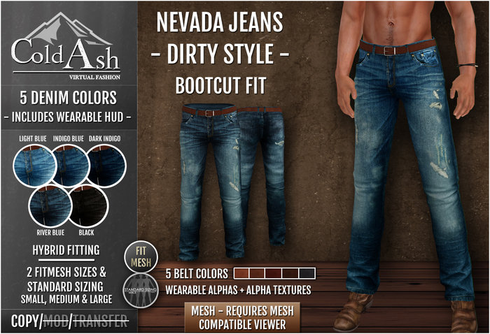 {COLD-ASH} Mens NEVADA Jeans (Mesh) - Bootcut Fit - DIRTY STYLE