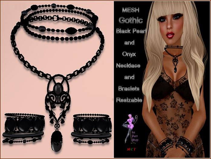 ~La Purr Shop~Mesh-Gothic Black Pearl & Onyx Necklace & Braclet Set