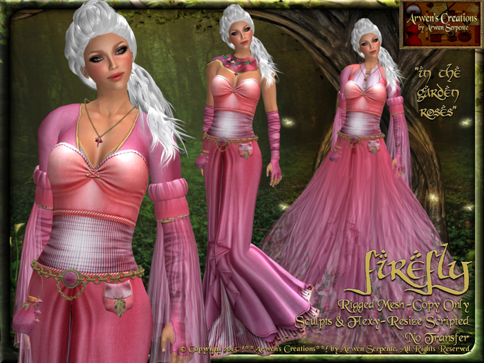 {AS} Firefly Gown - Rigged MESH Fantasy Gown ~ In the Garden Roses ~ with Omega Appliers