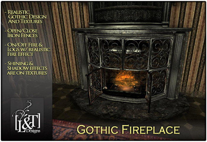 [L&T] - Gothic Fireplace (Realistic, On/Off Fire & Logs, Open/Close Fences)