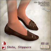 [V/W] Shilu I - Brown Slippers: medieval fantasy embroidered flat shoes, for Slink Feet Female Flat