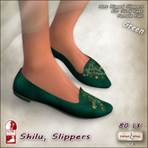 [V/W] Shilu I - Green Slippers: medieval fantasy embroidered flat shoes, for Slink Feet Female Flat
