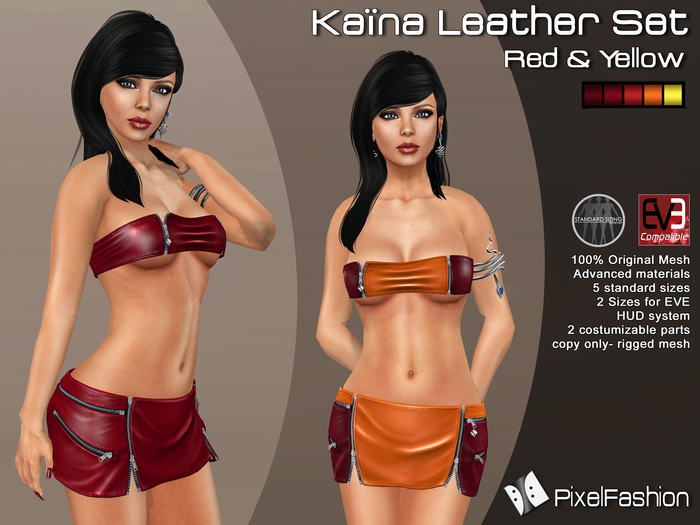 :)(: Kaina Leather set  ( Mini Skirt & Top) - Mesh - Red & yellow  ( Classic Avatars + EVE Avatars )