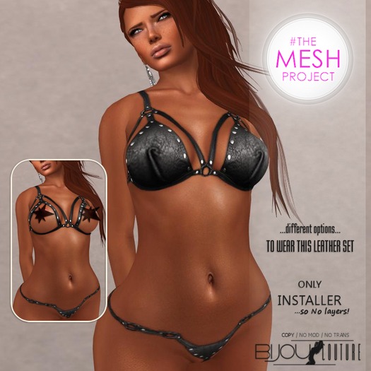 [Bijou]. Play it Leather! 'Bra&Thong'! /#TheMeshProject Installer!