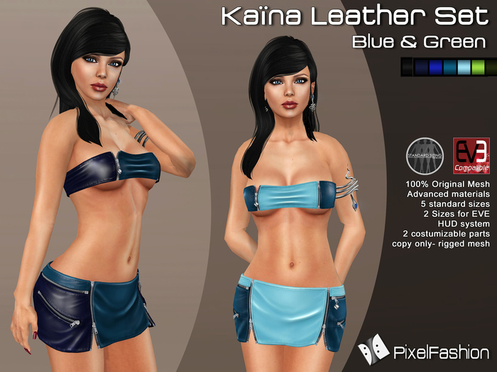 :)(: Kaina Leather set ( Mini Skirt & Top) - Mesh - Blue & green  ( Classic Avatars + EVE Avatars )