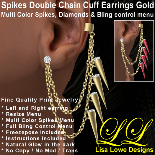 *LL-Designs Spikes Double Chain Cuff Earrings Gold V1.0*