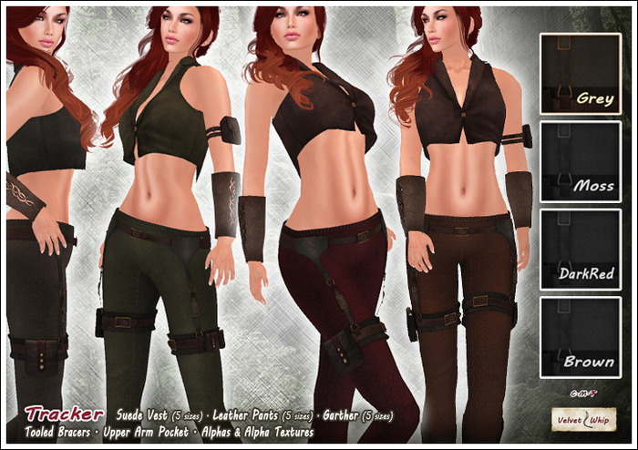 [V/W] Tracker Outfit Grey - Medieval Fantasy ranger attire w/ suede vest, leather panths, legs harness pouch, bracers