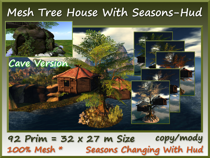 Mesh Tree House and Cave With Seasons-Hud 92 Prim 32x27m Size