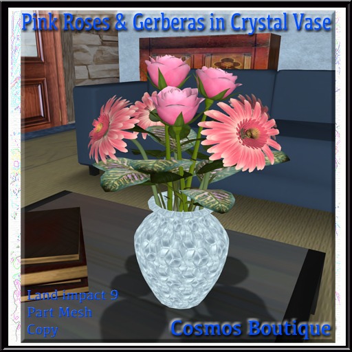 Cosmos Pink Roses & Gerberas in Crystal Vase (BOX)