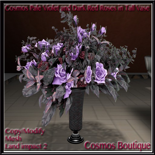 Cosmos Pale Violet and Dark Red Roses in Tall Vase (Box)