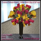 Cosmos Crimson Roses & Yellow Arum Lilies inTall Vase (Box)