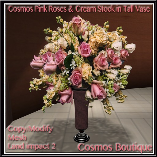 Cosmos Pink Roses & Cream Stock in Tall Vase (Box)