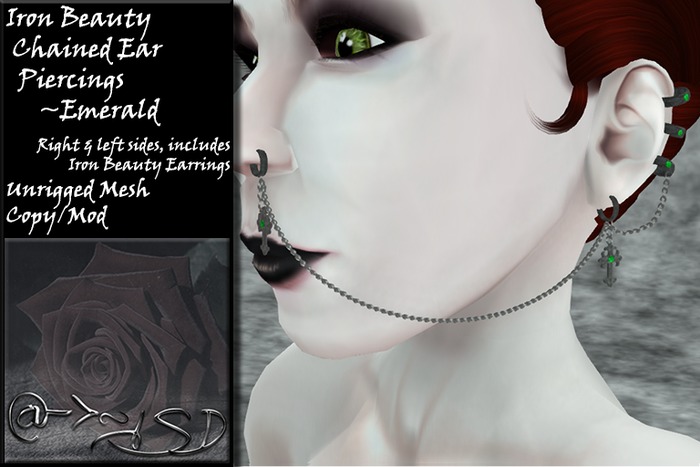 @->~ISD Iron Beauty Chained Ear Piercings ~ Emerald