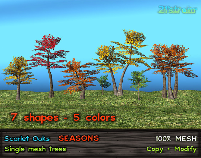 21strom: Single Scarlet Oaks SEASONS - low prim mesh trees - set of 35 pcs