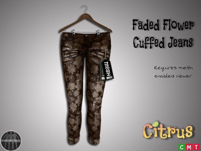 Citrus Flowered Rip n Cuff  Jeans Bark