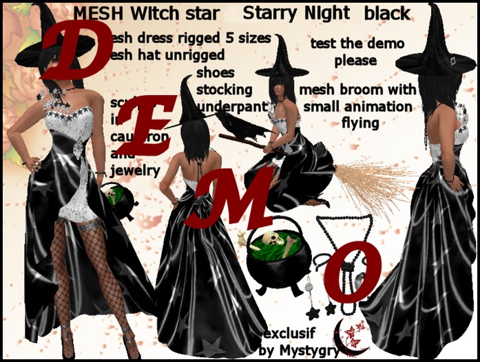 DEMO Witch star mesh costume black broom hat animation cauldron halloween sexy dress