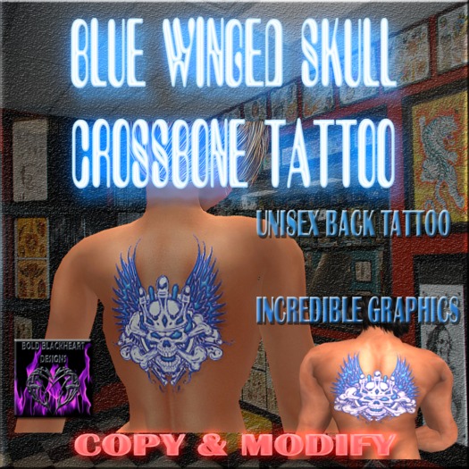 BBD - (BOX) - Blue Winged Skull Cross Bone Back Tattoo