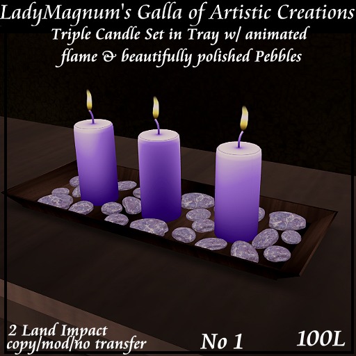 LadyM's Triple Candle Set  No 1 - Amythest Pebbles