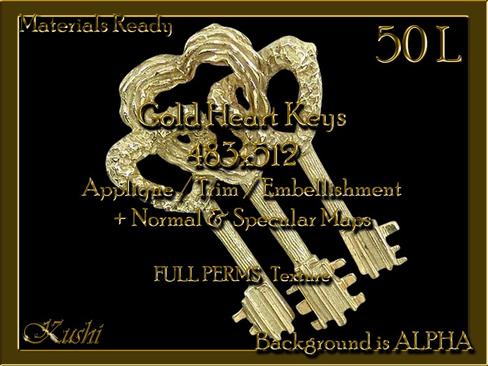  Gold Heart Keys 483x512 Applique / Jewel/Embellishment/Trim with Alpha Full Perms Materials Ready