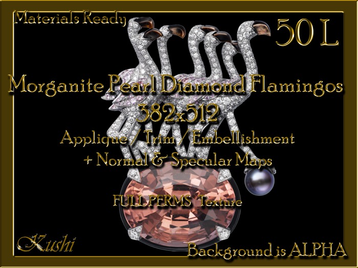 Morganite Pearl Diamond Flamingos 382x512 Applique / Jewel / Embellishment / Trim with Alpha Full Perms Materials Ready