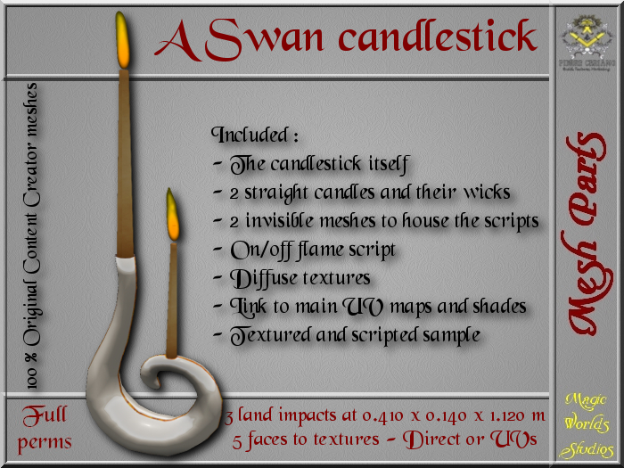 Swan candlestick - 3 LI - FULL PERMS scriped meshes