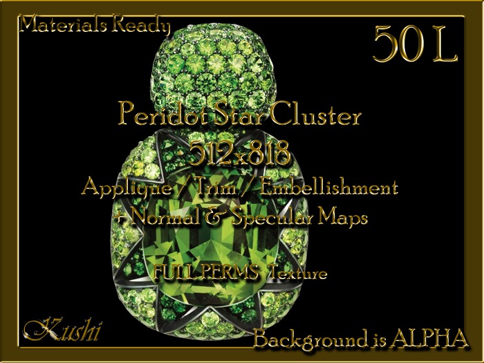 Peridot Star Cluster 512x818 Applique / Jewel/Embellishment/Trim with Alpha Full Perms Materials Ready