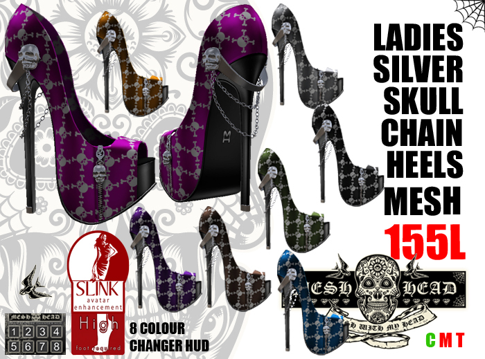 Mesh Head - Silver Skull Chain Heels - SLINK