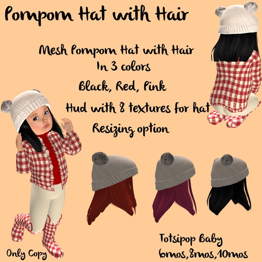 Totsipop Pompom Hat with Hair pack Black