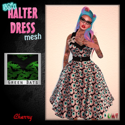 [CheRRy] - 50's Halter Dress - Green Bats