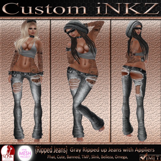 Custom iNKZ - Gray Ripped Jeans with Appliers - Belleza, Omega, Slink, TMP, Cute, Phat, Banned