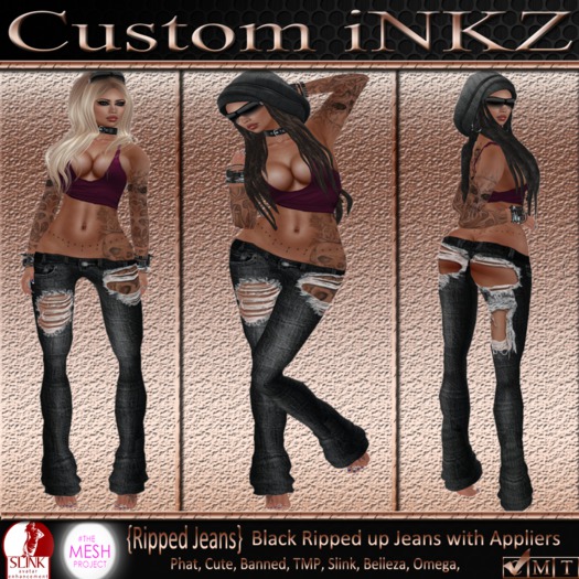 Custom iNKZ - Black Ripped Jeans with Appliers - Belleza, Omega, Slink, TMP, Cute, Phat, Banned