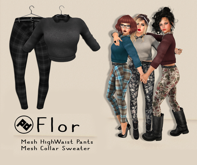 ::Poised:: Flor - Gray Tartan  Mesh Outfit - High waist pants + collared sweater