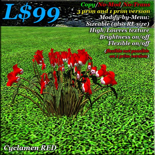 Cyclamen RED. 3 prim flower + FREE 1 prim flower version. Copy. low prim flowers. Photorealistic. HQ