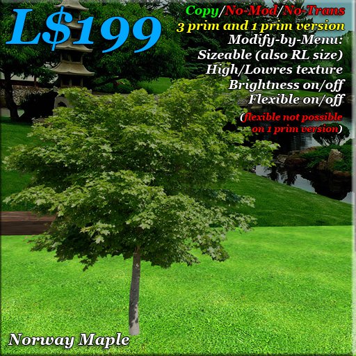 Norway Maple Tree. 3 prim tree + FREE 1 prim tree version. Copy. low prim trees. Photorealistic. HQ
