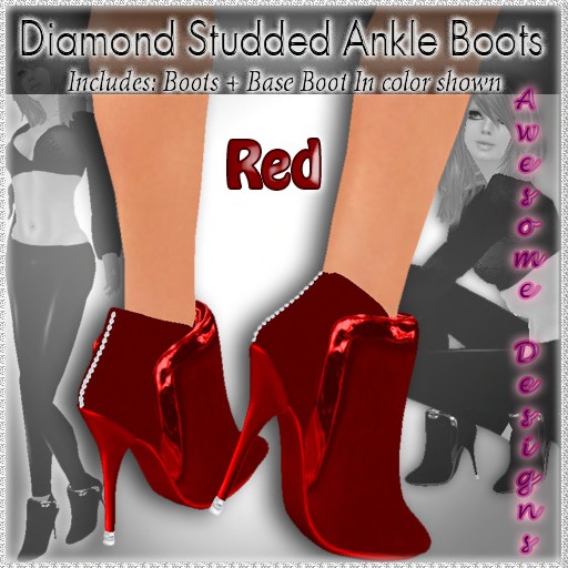 *Awesome Designs Diamond Studded Ankle Boots In Red