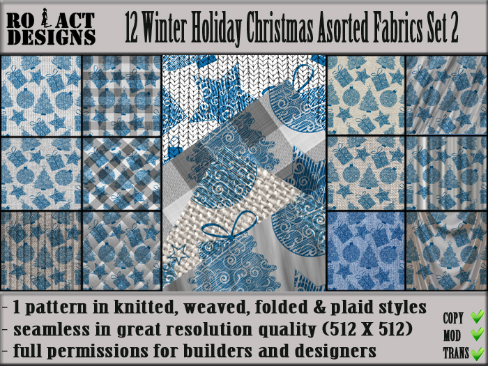 Ro!Act Designs 12 Winter Holiday Christmas Asorted Fabrics Set 2